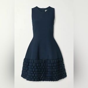 Lela Rose Accordion Lasercut Knit Viscose Fit and Flare Dress in Navy